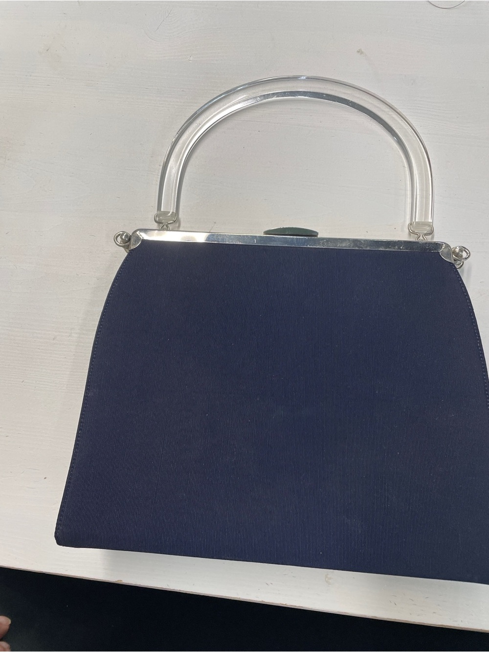 VTG 1960s Navy Grosgrain Lucite Handle Cocktail Purse Mad Men Glam ✨